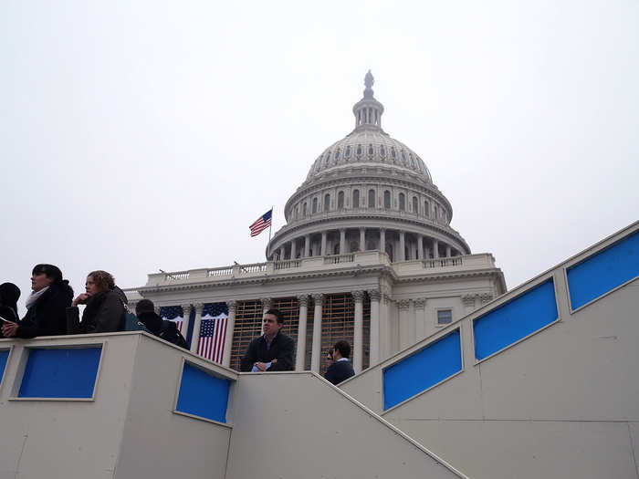 Even the mock Inauguration drew a crowd. Here, spectators watch the dress rehearsal at the U.S. Capitol.