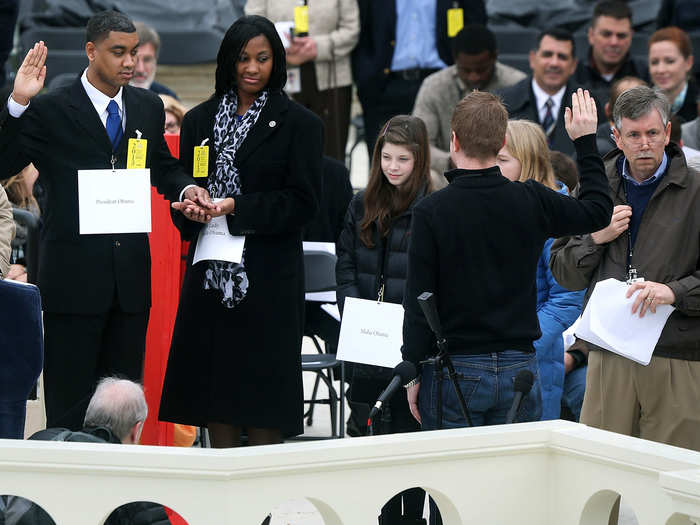 He was joined on the platform by Michelle Obama