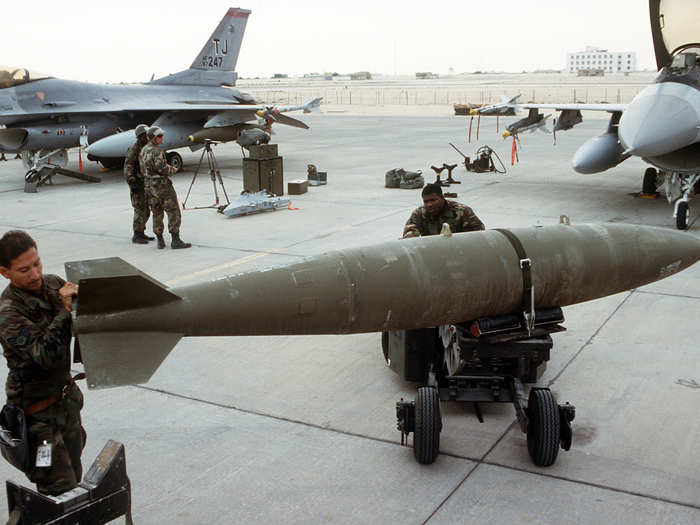 A MARK 84 2,000 pound bomb made a big boom, like this one loaded during Operation Desert Storm.