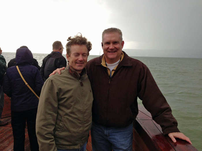 Paul and South Carolina GOP Chair Chad Connelly brave the cold on the boat deck.