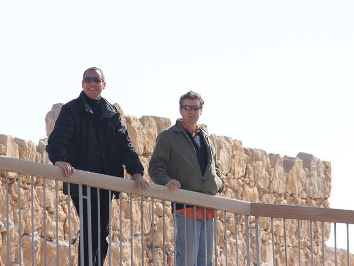 Paul and his security guard look out from the top of Masada.