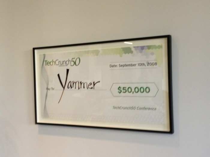 Magazine articles and memorabilia adorn the walls, like the $50,000 prize check Yammer won at the TechCrunch50 conference in 2008.