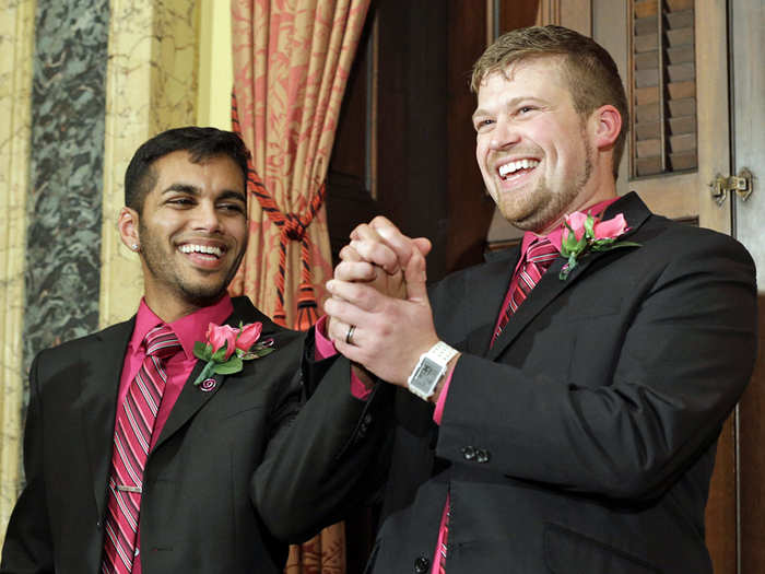 Shehan Welihinda (left) and Ryan Wilson also celebrated their big day on Jan. 1. Check out their flashy matching attire.