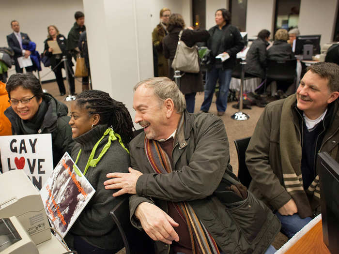 Zone Montoya, Tasha Bassett, Nick Chicka, and Jeff Lovern were all smiles as both couples received their marriage licenses at 3 a.m. in Seattle.