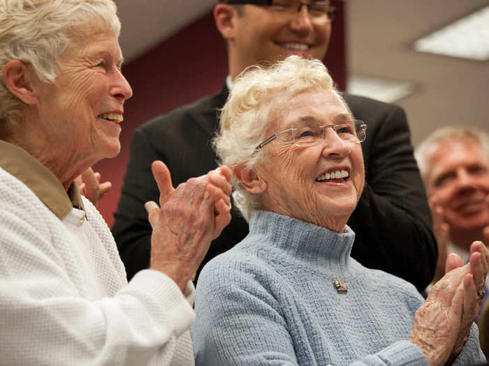 Jane Abbott Lighty (L) and Pete-e Petersen celebrated as the clock struck midnight on Dec. 6 in Seattle. The women met on a blind date in 1977 and have been together ever since, CNN reported. Lighty was 77 and Petersen was 85 when Washington legalized gay marriage.