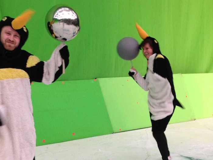 9:15 a.m.: It takes a while to prep filming. Jackson says they actually filmed these two people in penguin suits.