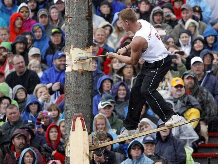 Hart also competed in the "springboard chop" event, a frightening feat.