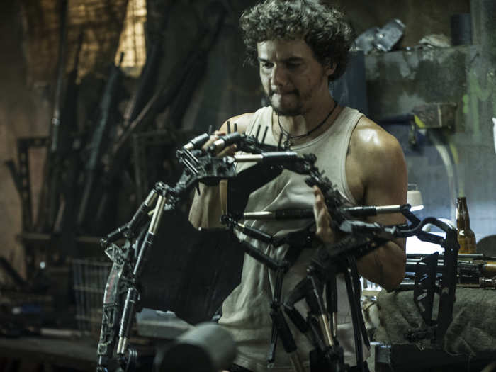 Spider fits Max with a biomechanical exoskeleton which gives him superhuman abilities and helps prolong his life.