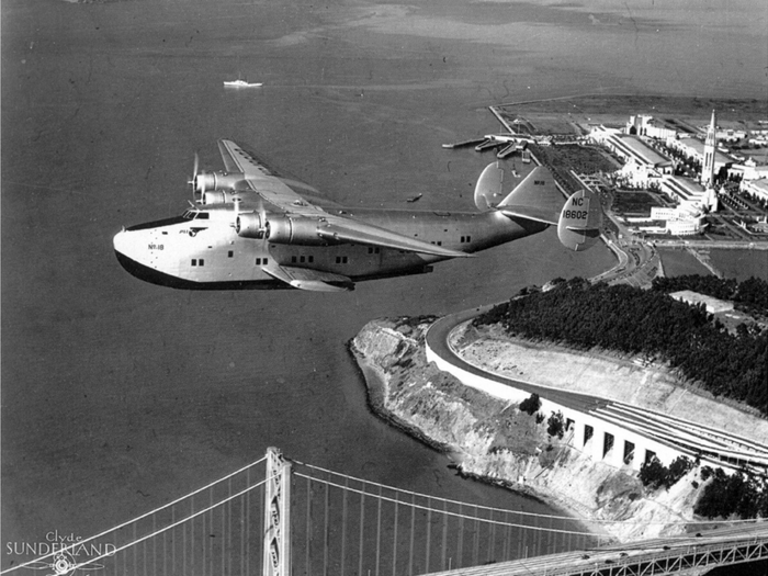 A Boeing B-314 known as the "California Clipper" departs from Treasure Island in San Francisco (date unknown).