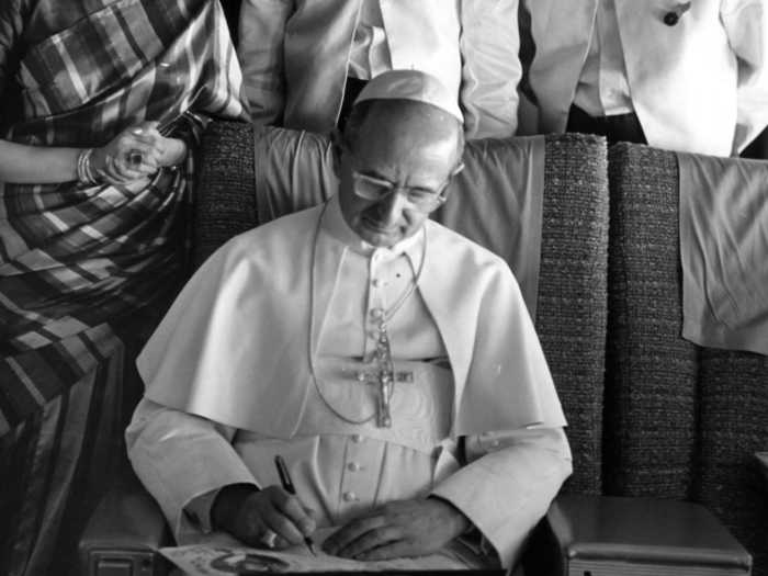 December 2, 1964 - Pope Paul VI rides from Rome to Bombay to attend the International Eucharistic Congress on an Air-India four-jet airliner.