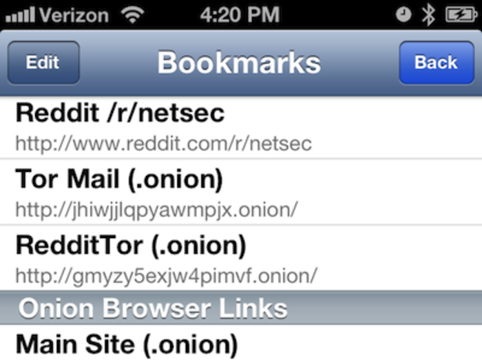 And farther down the bookmark list, the app includes some Tor sites too.