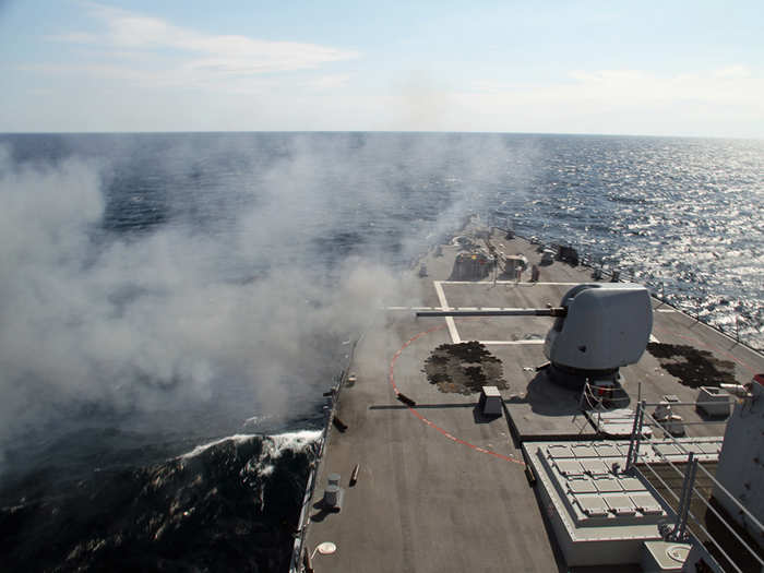 When the 5-inch gun finally lets loose, the explosion is impressive and the tracking system lays down rounds on both sides of the vessel.