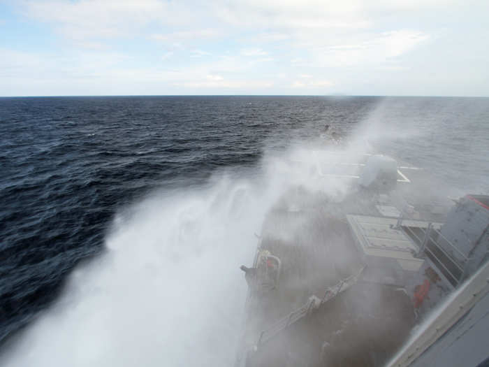 For what had become a still day, the chop brought about by the ship was immense. This blast caught us far above the waterline outside the bridge.