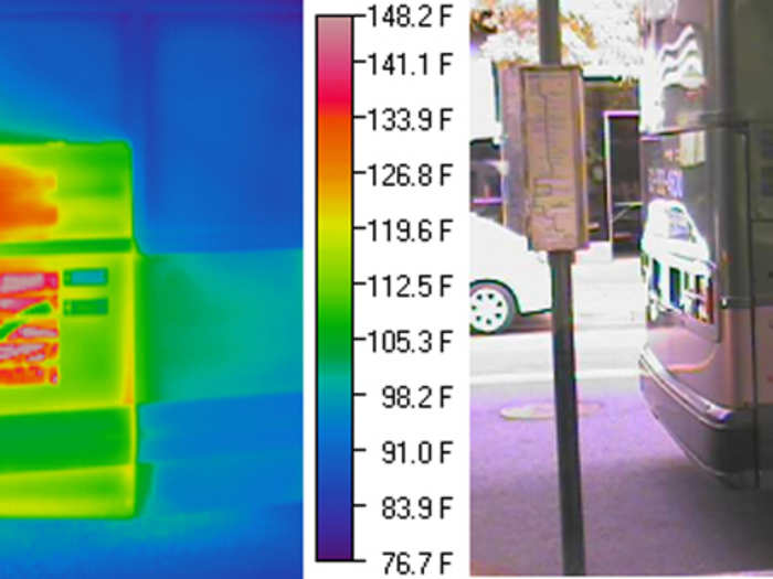 The direct release of heat into the air is called "anthropogenic heat release." The warmest regions on this bus are near the vents (red), which release heat directly from the engine. The area near the engine at the rear of the bus is warmer (green) compared to the street and the passenger area (blue).