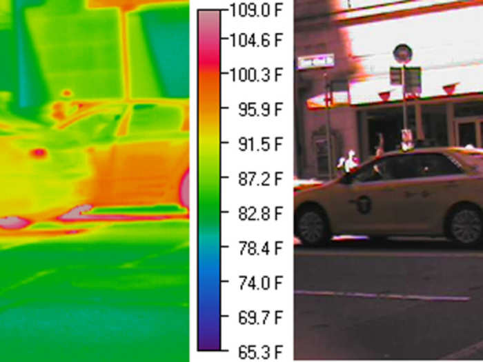 The outer metal surfaces of the two cars are warmer (yellow and red) than the shaded street (green). Notice that the dark-colored car (red) is warmer than the yellow taxi cab. The tires (deep red) are warmer than other parts of car because of friction. The coolest place to be in this picture is the inside of the air-conditioned car.