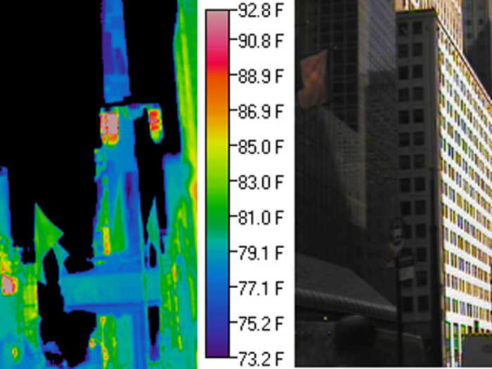 This thermal image is typical of the temperature structure created by skycrapers. The large vertical walls absorb a lot of sunlight and can increase average temperatures in limited areas of a city, while providing shade in other parts. The background sky (black) is the coolest region of the image.