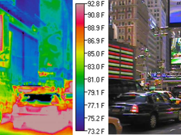 The big, electric screen generates heat and appears red in the thermal image. Since the yellow taxi on the right (pink and red) is in direct sunlight it is warmer than the white van to its left (green).