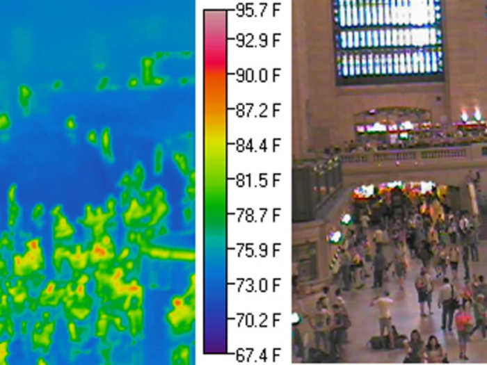 The people in Grand Central Station (green and yellow) emit more heat than their relatively cool surroundings (blue). Note that the windows are almost invisible, meaning it is almost the same temperature inside the station as it is outside.