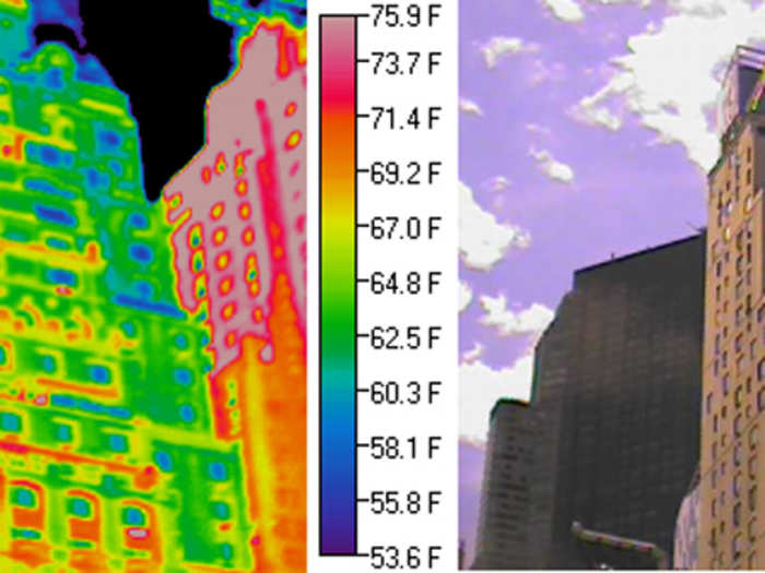 The left-­facing walls of buildings (red) are catching the full force of the sun and are warmer than walls that are turned slightly away from the incoming sunlight. Although many of the windows (green) are cooler due to contact with an air-conditioned interior, the energy required to operate air conditioning systems adds heat to the atmosphere, contributing to higher air temperatures in dense urban areas than in rural surroundings.