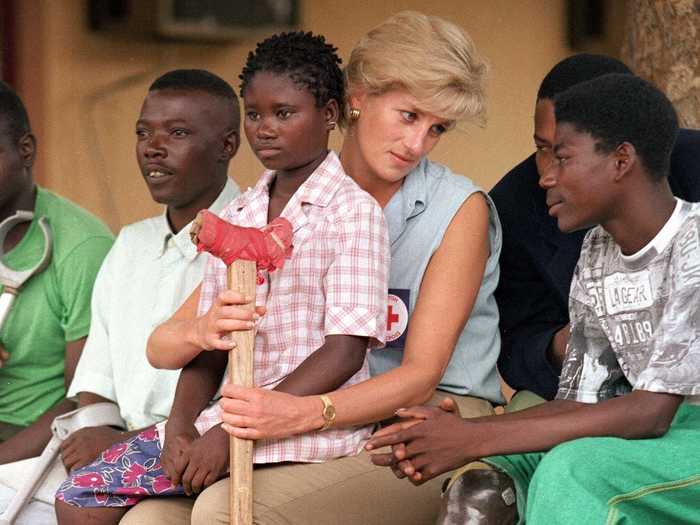 The year of her death marked the height of her campaign against land mines. The Princess visits with victims in Angola.