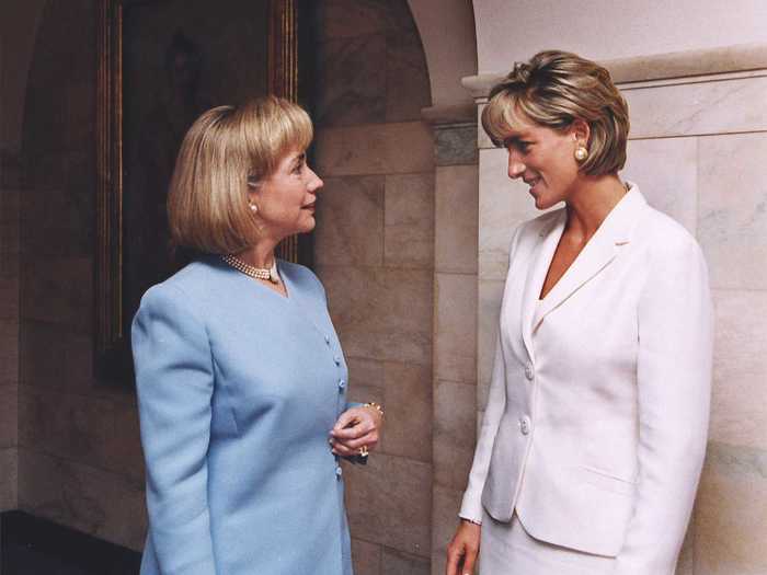 First Lady Hillary Rodham Clinton chats with the Princess at the White House. Diana was in New York City for a Red Cross fundraiser.