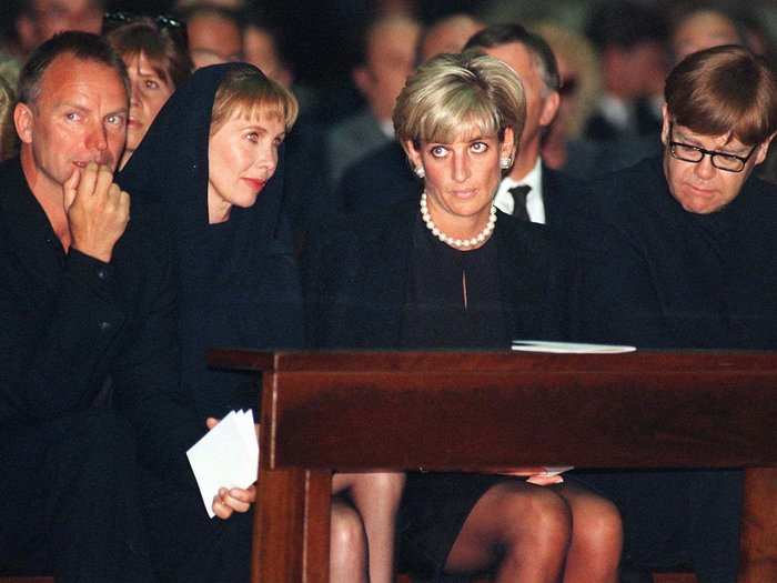 Sting, his wife Trudy Styler, Princess Diana, and Elton John attend the memorial Mass for Gianni Versace.