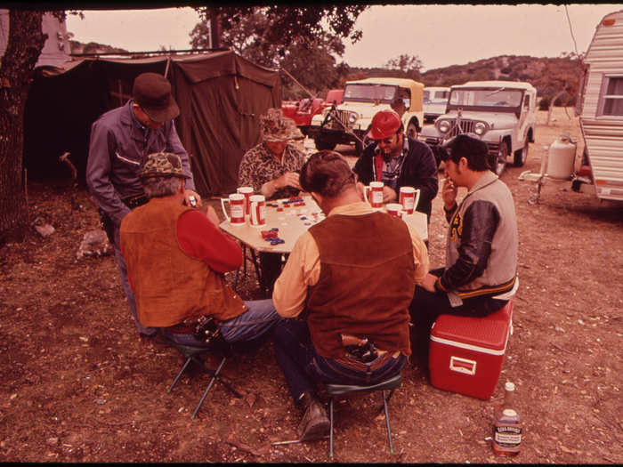 Deer Hunters Drink and Play Poker While Waiting for Wild Deer. The Hunters Have Built a Permanent Camp to Which They Return Each Year, 11/1972