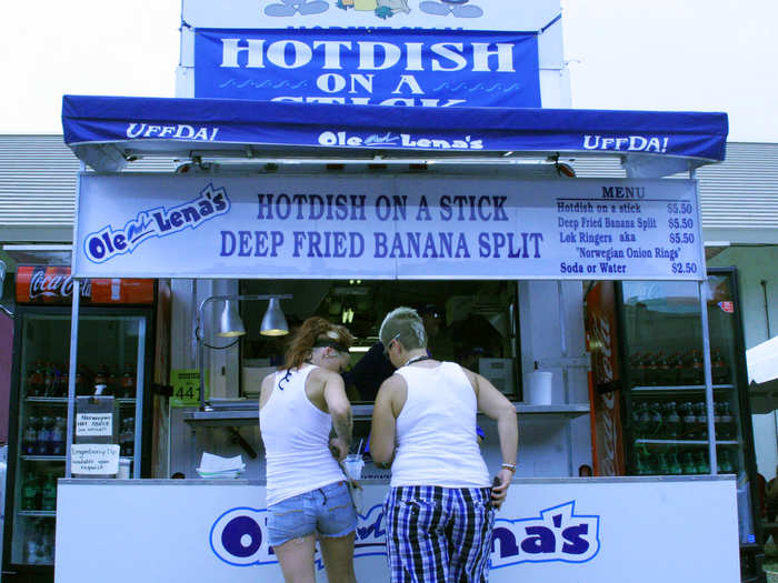 There are tons of foods on a stick — over 70 kinds in all. The "hotdish" on a stick was an entire meal on a skewer, deep-fried.