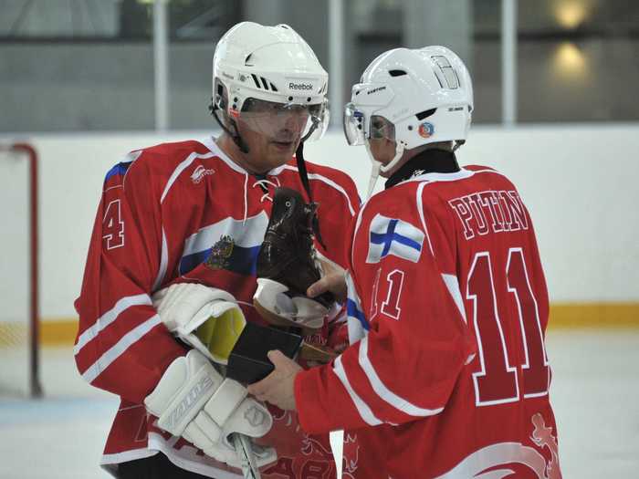 He also lead the Russian team in a "friendly" match against neighboring Finland. Here, he presents skates to the Finnish president Sauli Niinisto