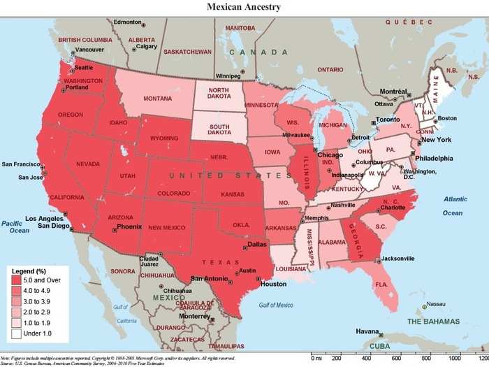 31,798,258 Mexicans are strongest west of the Mississippi