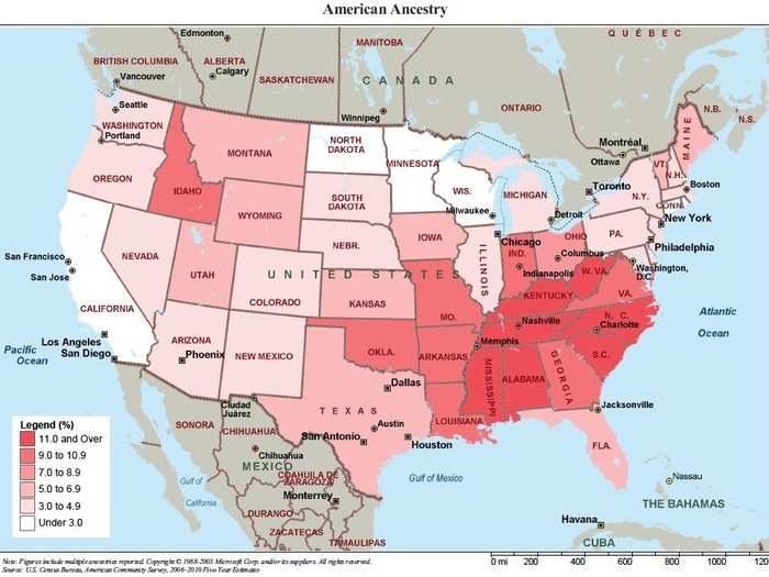 19,094,109 Americans are found mostly in the South East (people select this ancestry either as a political statement or because their pre-American ancestry is uncertain)