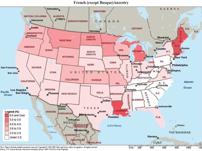 9,326,380 French (except Basque) are strongest in New England and Louisiana