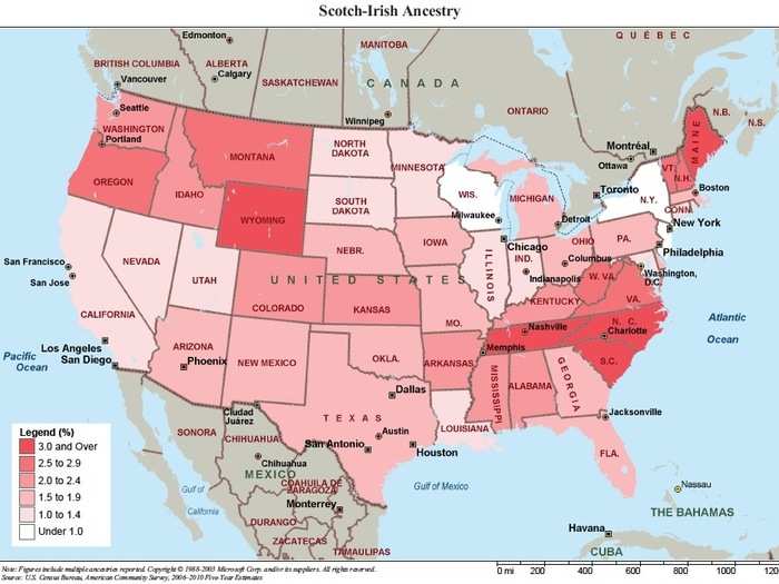 5,227,887 Scotch-Irish (aka Irish Presbyterians from Ulster) are surprisingly strong in the Carolinas and Tennessee