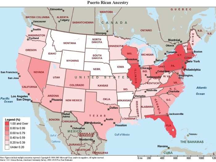 4,623,716 Puerto Ricans are strongest in Florida, Illinois, and the North East