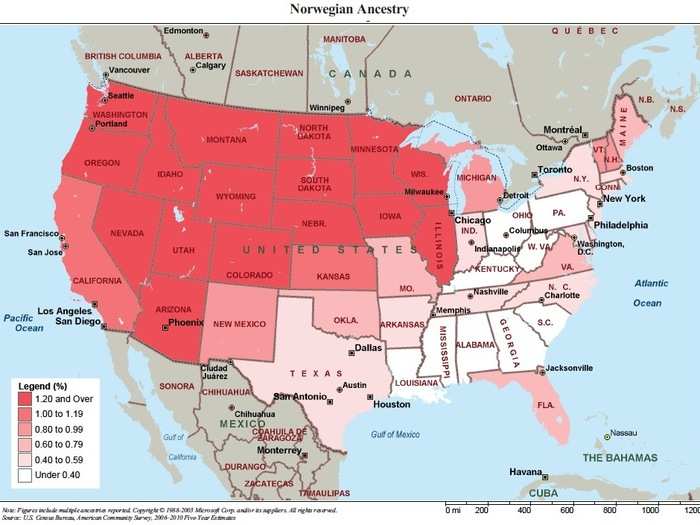 4,602,337 Norwegians are strongest in the West, North West, and Midwest