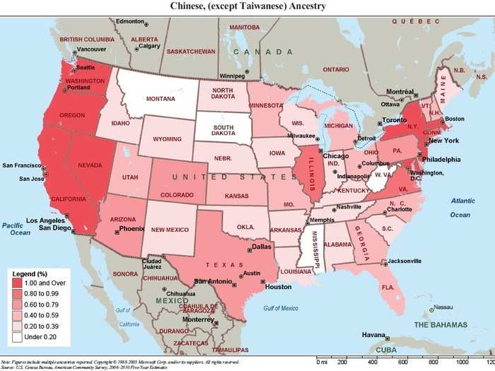 3,794,673 Chinese (except Taiwanese)  are strongest on the West Coast and urban North East