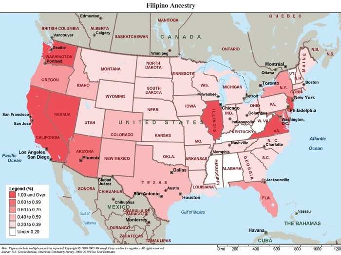 3,416,840 Filipino are strongest on the West Coast, Illinois, and the urban East Coast