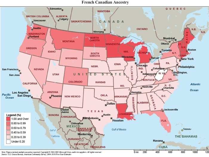 2,138,601 French Canadians are found along the Canadian border and in Louisiana