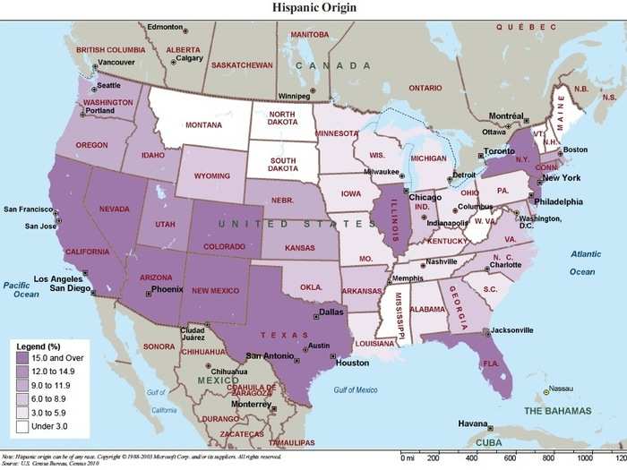 50,477,594 Hispanics are strongest in the South West, as well as in Florida, Illinois, and New York