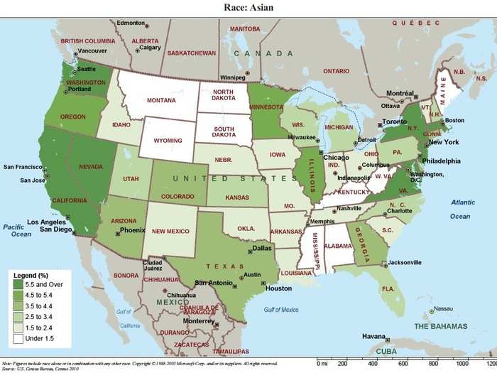 17,320,856 Asians are most common on the West Coast and urban East Coast