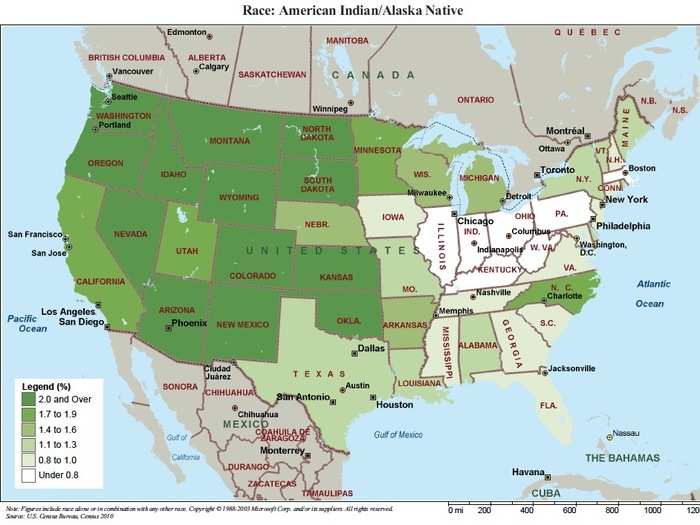 5,220,579 American Indian or Alaska Native are most common in the West (unfortunately this map does not show Alaska ...)