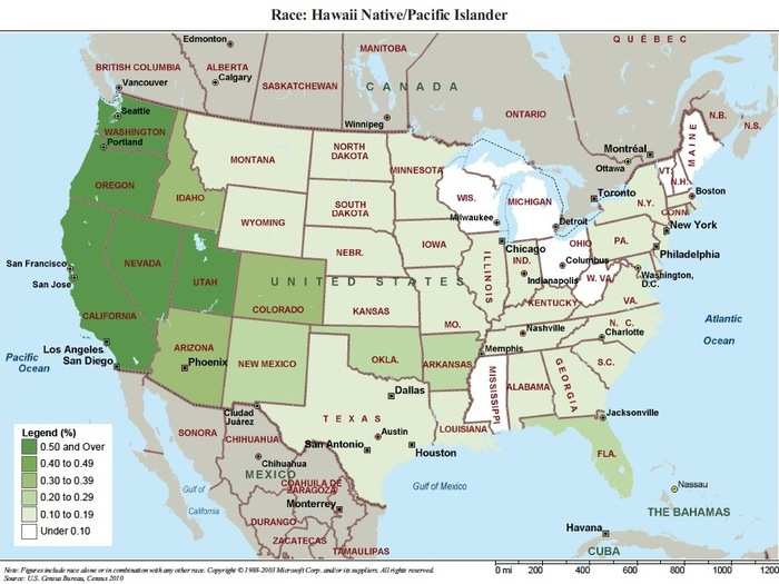 1,225,195 Hawaii Native or Pacific Islander are most common in the West (unfortunately this map does not show Hawaii ...))