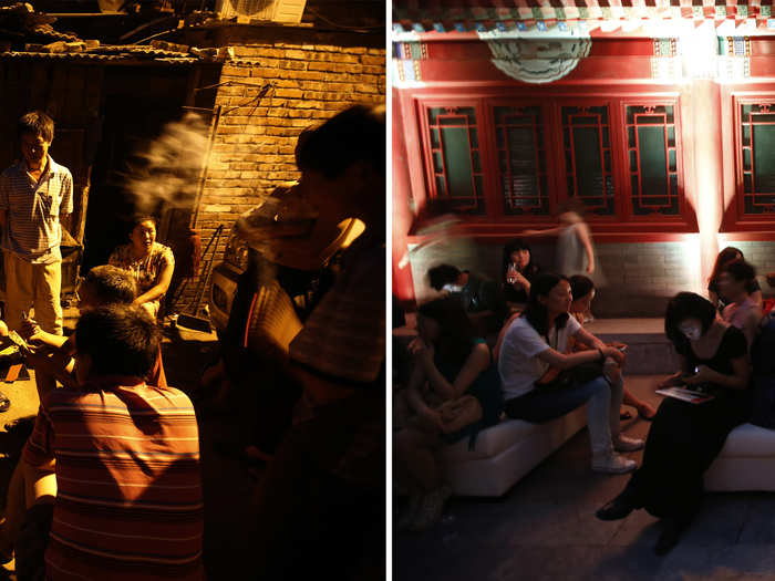 (L) Residents gambling under streetlights in a alley at a residential area for migrant workers and (R) guests drinking Champagne as they wait for the start of a fashion show in Beijing.