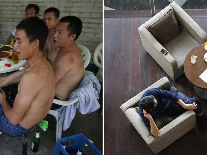 (L) Families having a dinner in a residential area for migrant workers in Beijing July 16, 2013 and (R) Men drinking coffee at a five star hotel in Beijing.