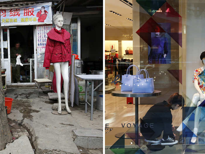 (L) Mannequins at a shop selling wool jacket at a market for migrant workers in Beijing and (R) a clerk putting a shoes on the foot of a mannequin at a luxury shopping mall in Beijing.