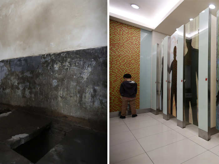 (L) A public toilet in a half-demolished old town where new skyscrapers will be built in Beijing February 21, 2013 and (R) A boy using a toilet inside a department store at a shopping district in Beijing.