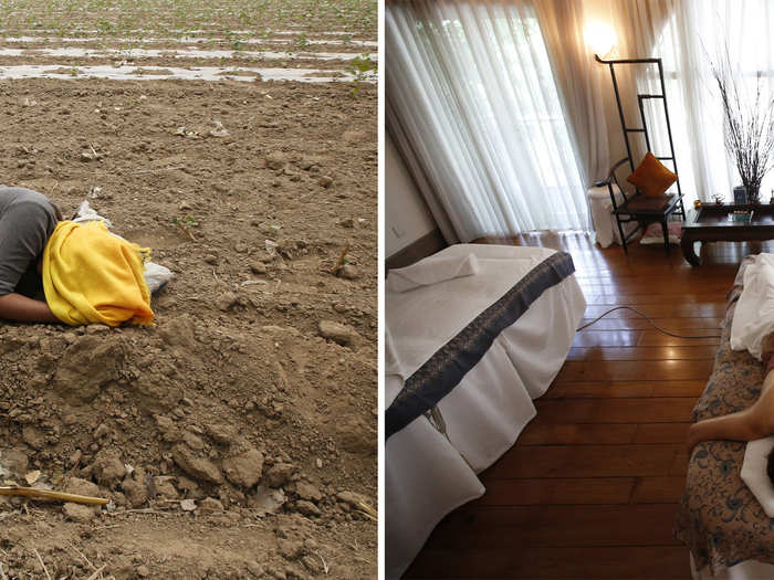 (L) A female farmer takes a nap in a field about 80 km from Beijing and (R ) staff demonstrate their full body massage treatment at a spa.