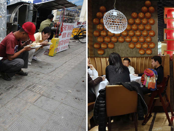 (L) Men eat their lunch on a street for about $1.6 (R) People having dinner worth about $60 - $80 at a restaurant in Beijing.