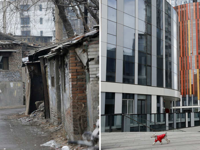 (L) A man walks in a alley at a half-demolished old residential site and (R) A woman walks with her pet dog at a wealthy residential and commercial complex.