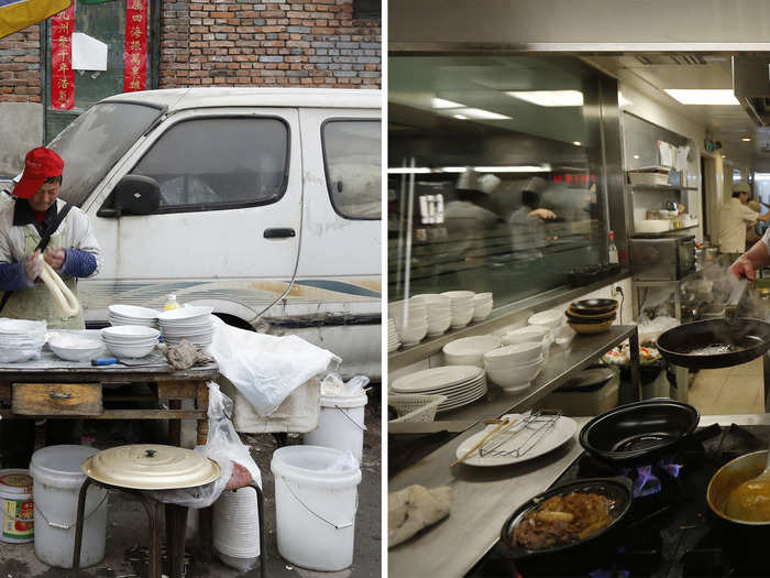 (L) A man makes noodle with dough at his makeshift restaurant of a half-destroyed old residential area and (R) Chefs cook a meal at a restaurant in a wealthy district in Beijing.